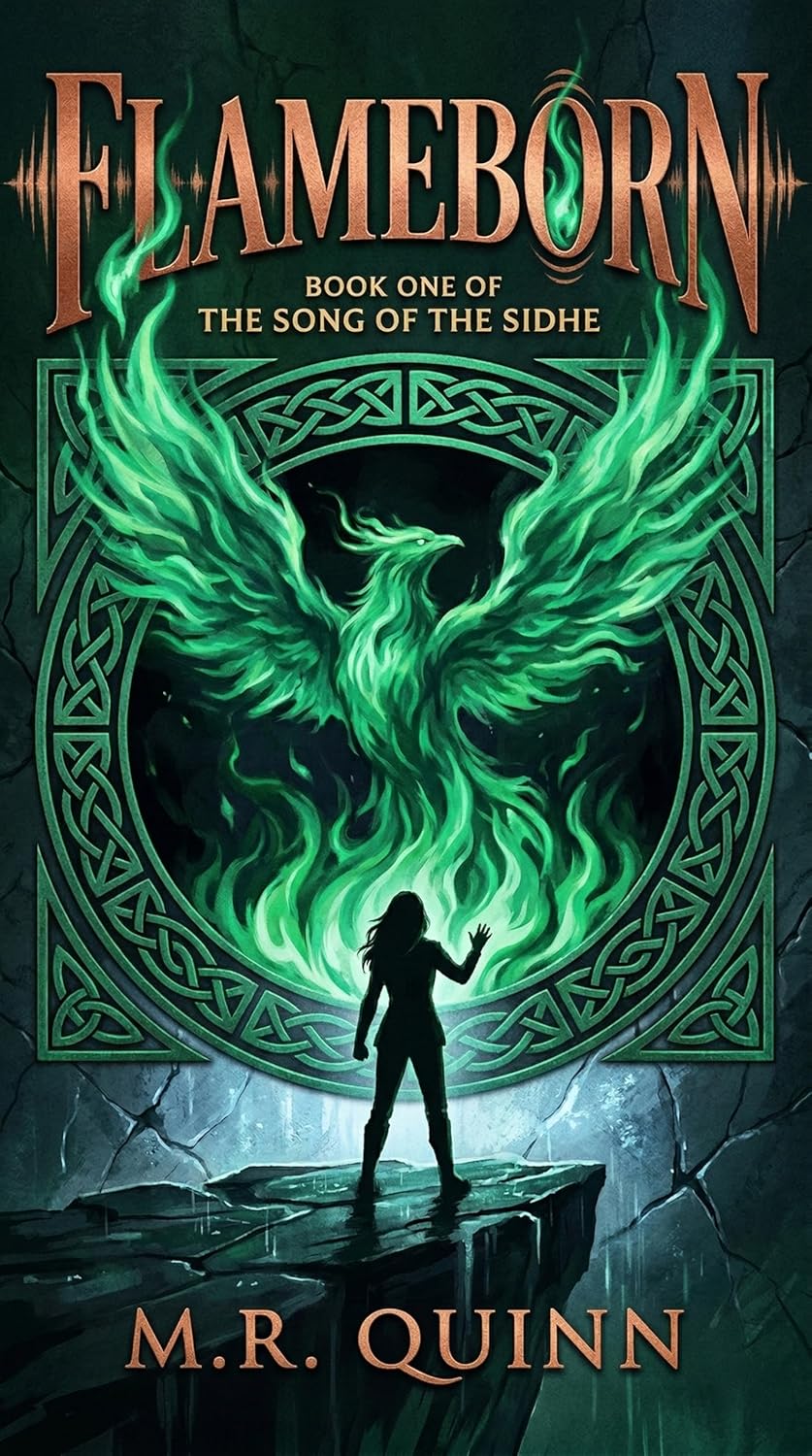 Flameborn book cover — a silhouetted girl before a great emerald phoenix framed in Celtic knotwork. Book One of Song of the Sidhe by M.R. Quinn.